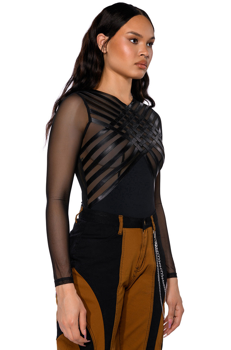 AFTER DARK FAUX LEATHER PANEL LONG SLEEVE MESH BODYSUIT