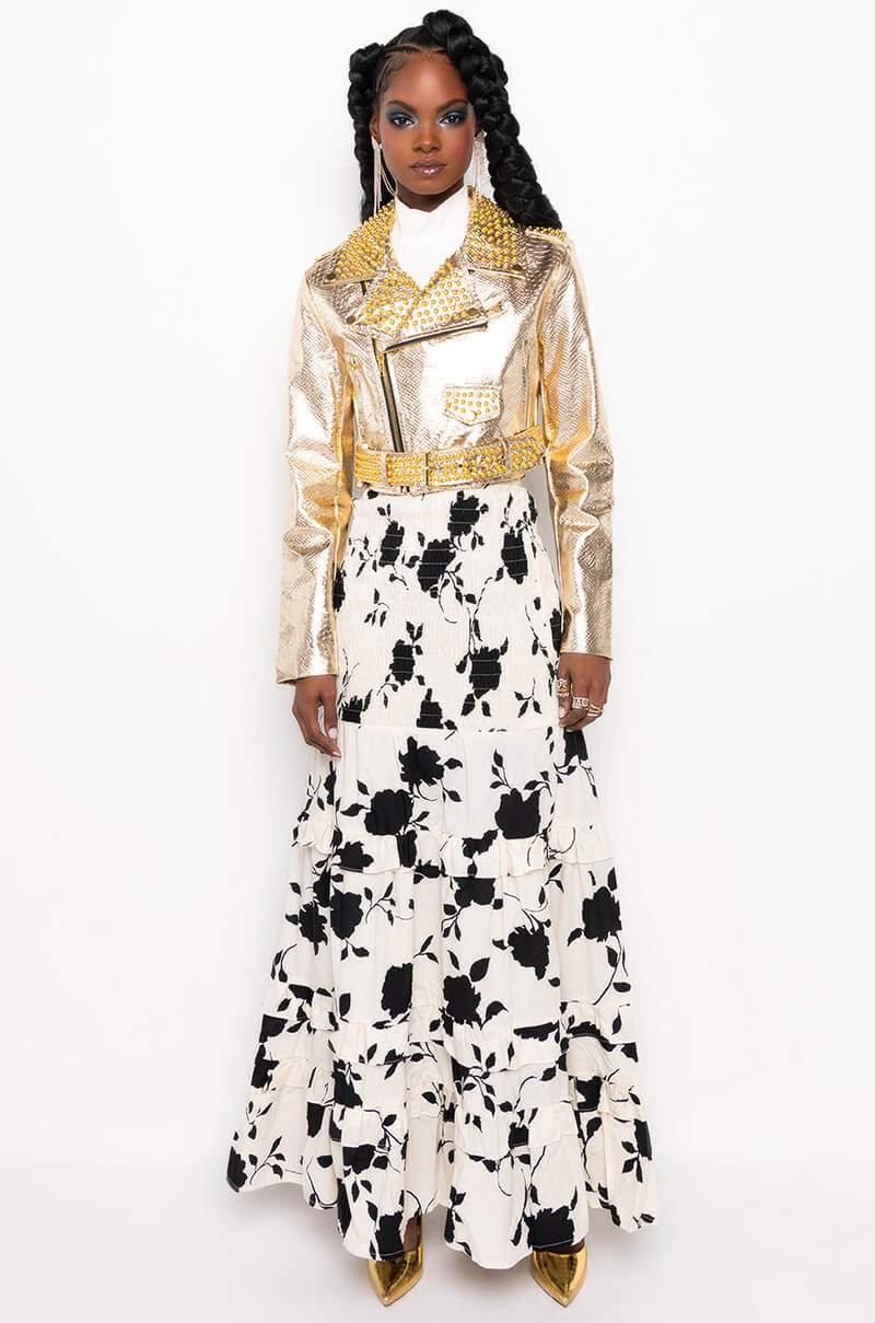 AZALEA WANG GOLD FINGER STUDDED MOTO JACKET