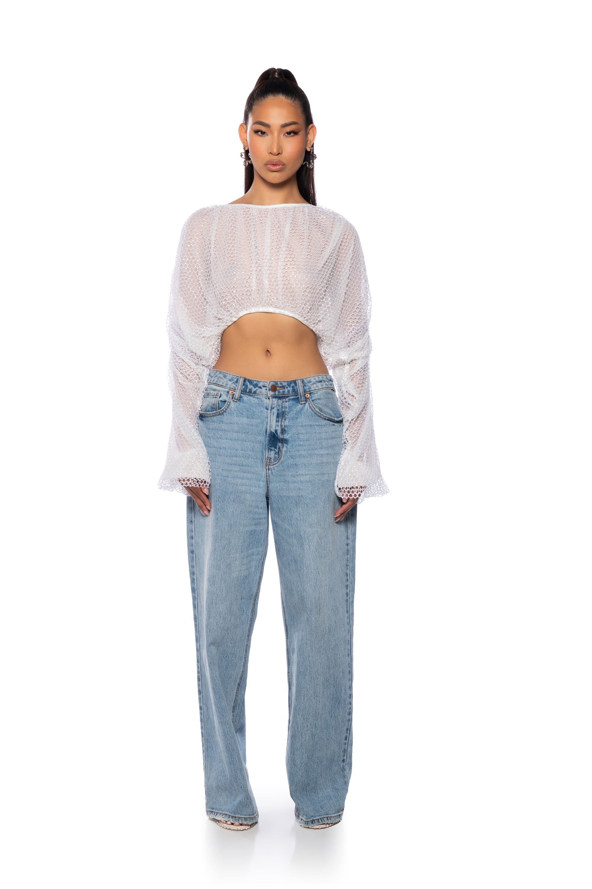BELLE LONG SLEEVE SEQUIN MESH BLOUSE IN WHITE