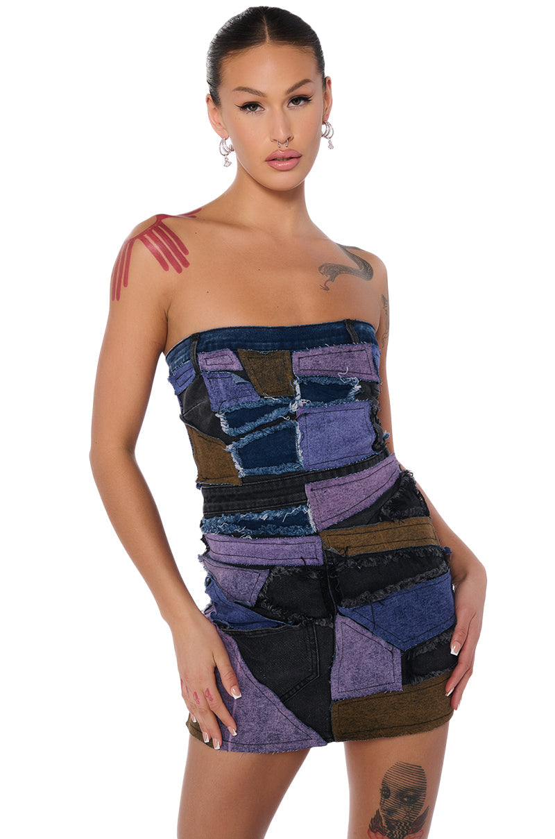 DENIM PATCHWORK MINI DRESS